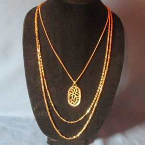 vintage gold floral pendant triple chain necklace